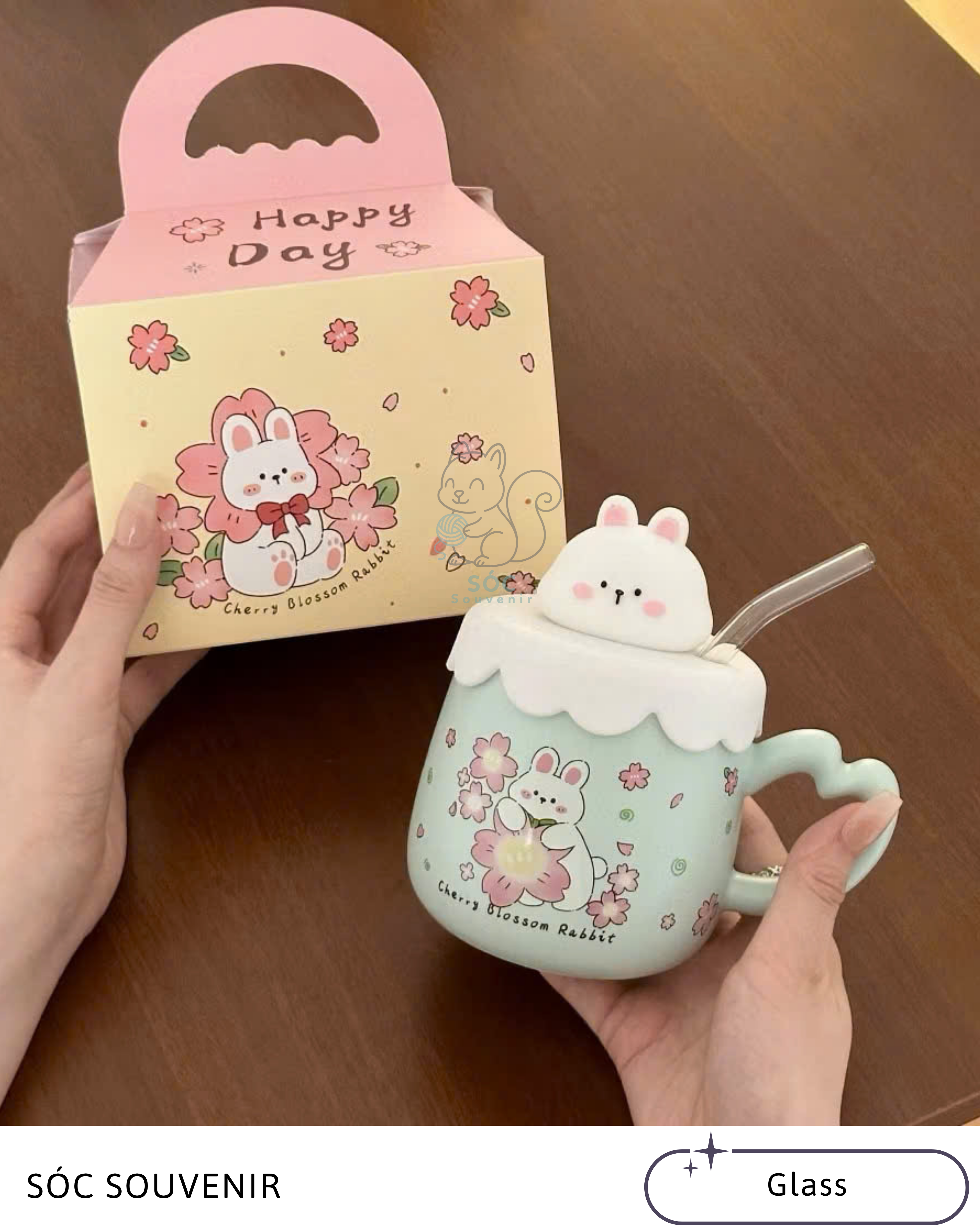 Bunny Ceramic Mug with Glass Straw
