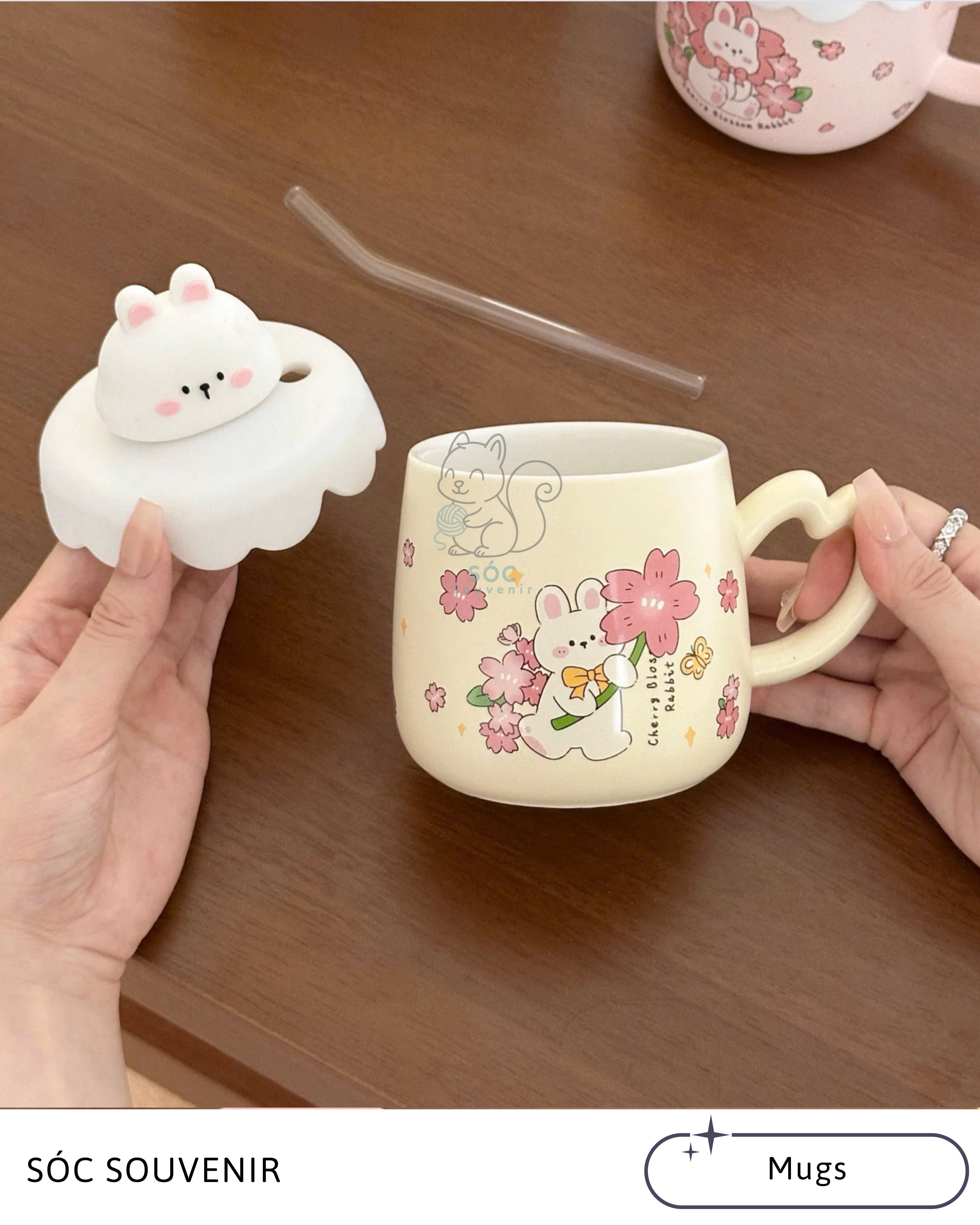 Bunny Ceramic Mug with Glass Straw